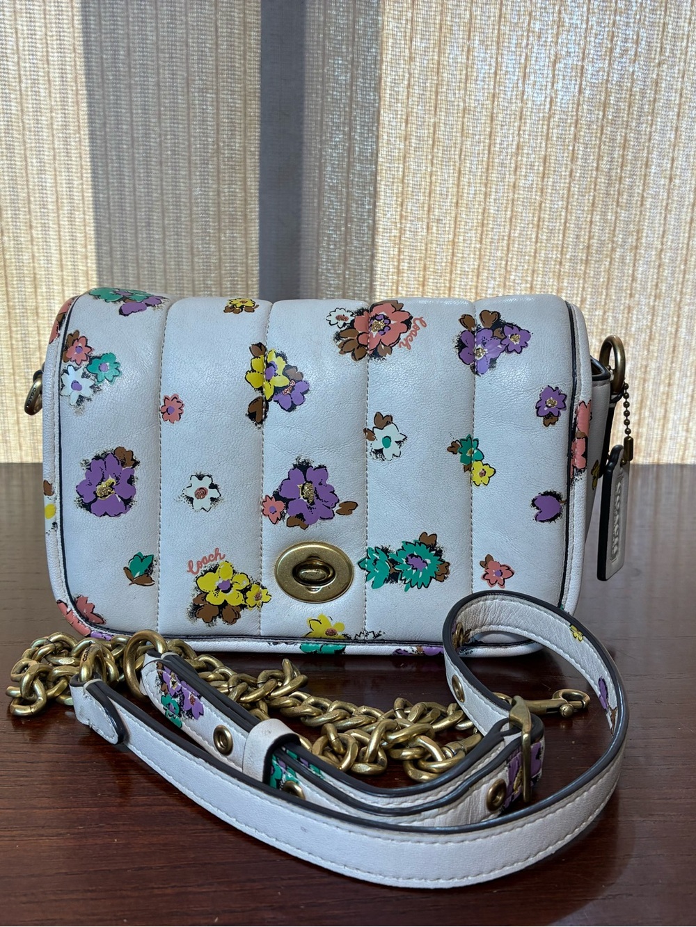 Coach Dinky 18 Quilted Leather Floral Crossbody with Gold Chain